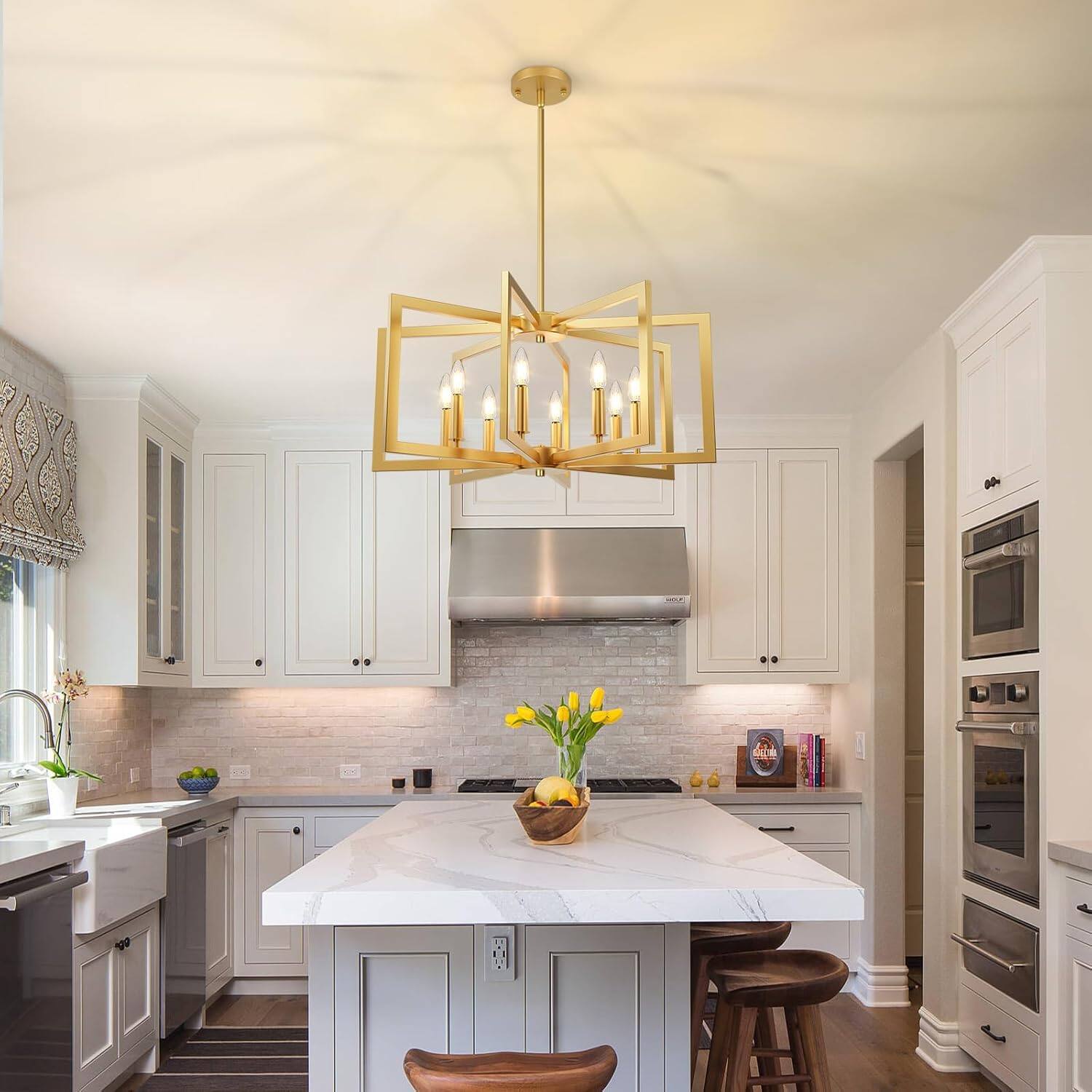 Left. Nordic Hygge - 8-Light Gold Chandelier, Farmhouse Dining Room Light Fixture, Modern Chandelier - Gold.