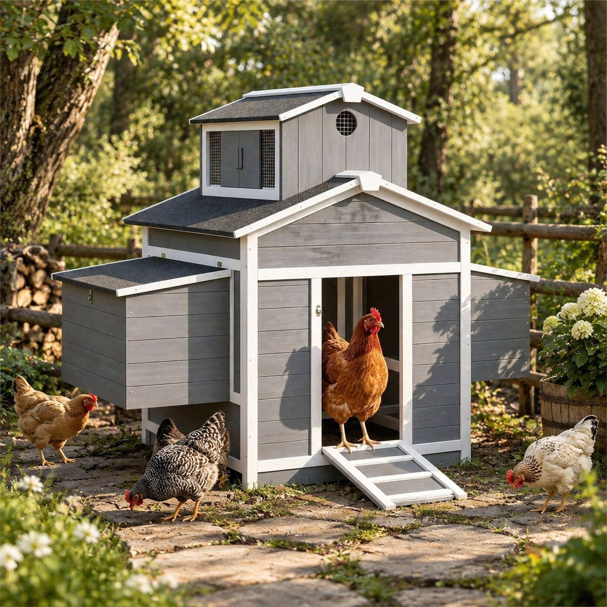 Angle. RYHNUYNE - Wooden Chicken Coop for 2 Hens, Fir Wood, Wire Mesh, 53.1 in L x 37 in W x 43.9 in H, Gray and White.