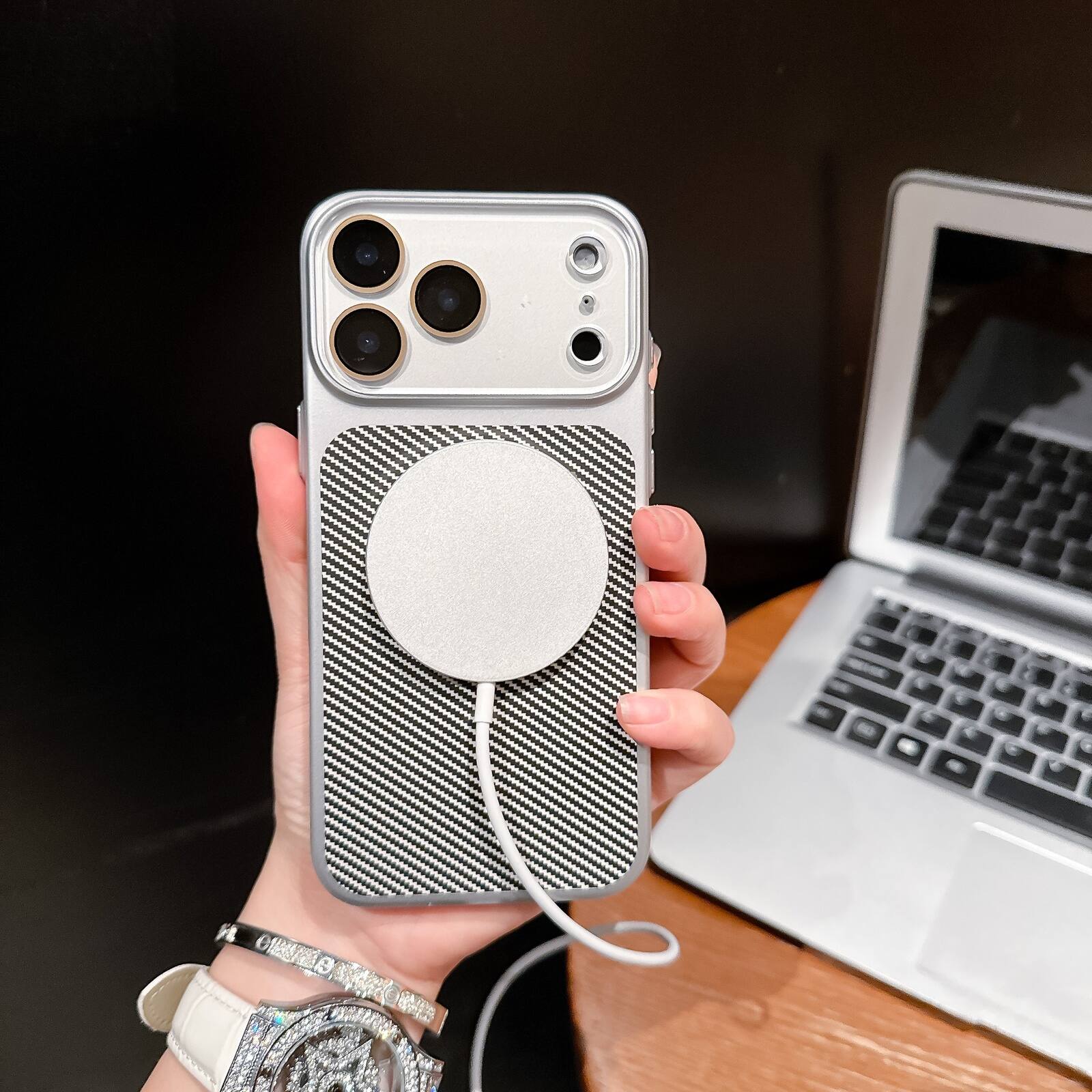 Alt View 1. Dteck - Magnetic Carbon Fiber Texture Case for Apple iPhone 17 Pro Max Slim Shockproof Hybrid Cover with Built-in Lens Protector - Darkblue.