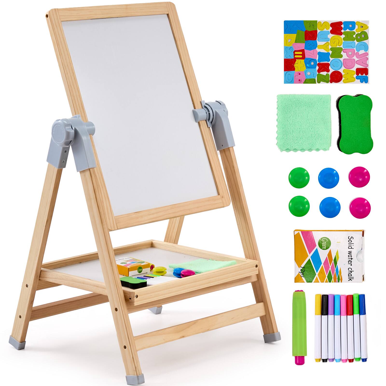 VEVOR - Art Easel for Kids, 2-in-1 Wooden Double-Sided Kid's Art Easel with Magnetic Whiteboard & Chalkboard - Natural Wood Color