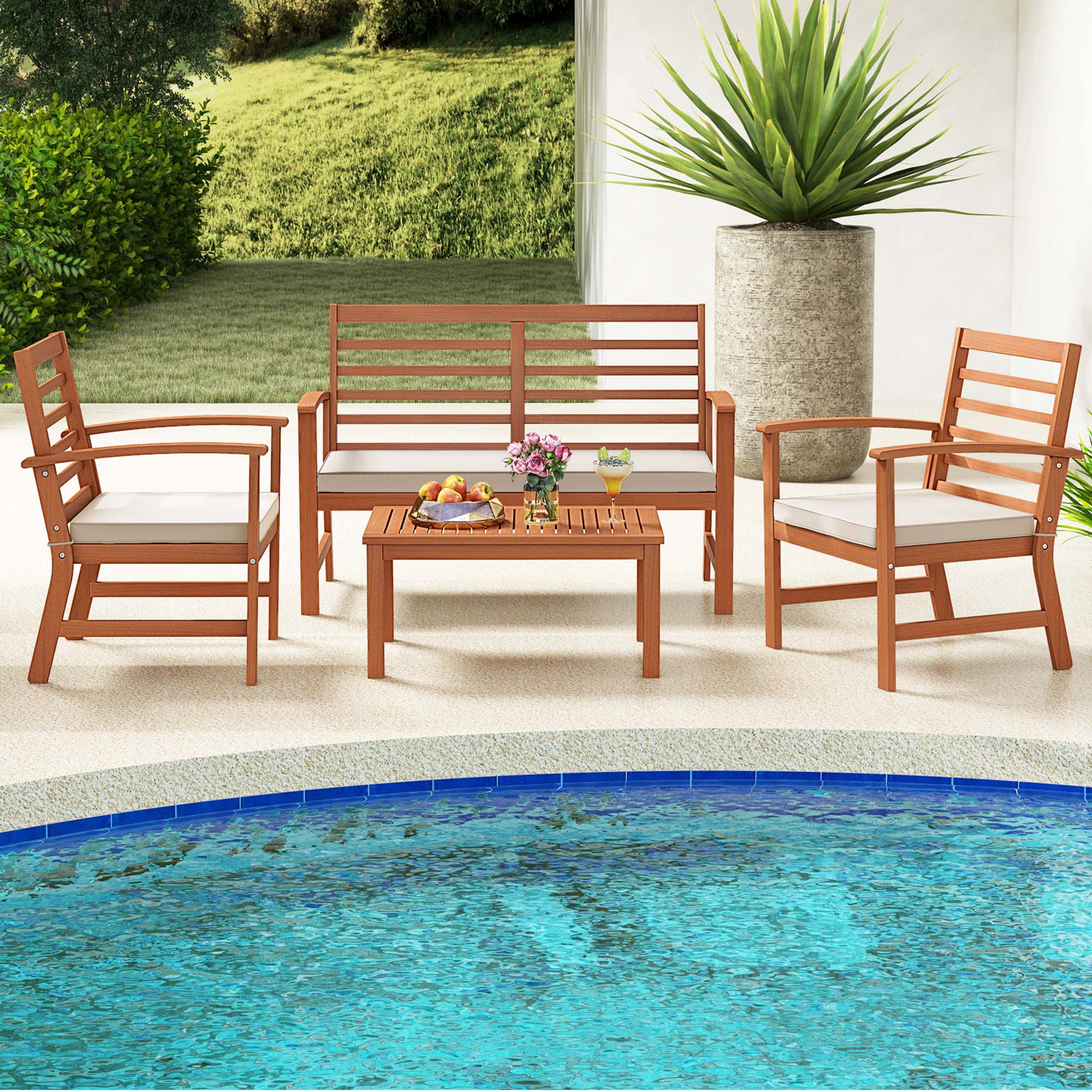 Alt View 3. Costway - Costway 4 PCS Outdoor Furniture Set with Soft Seat Cushions Stable Acacia Wood Frame - White.
