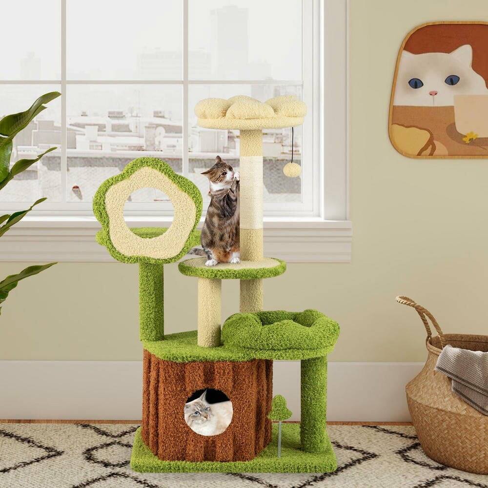 Alt View 1. Kadyn - Cute Multi-Level Cat Tree for Adult Cats with Trunk Condo, Green - Green.