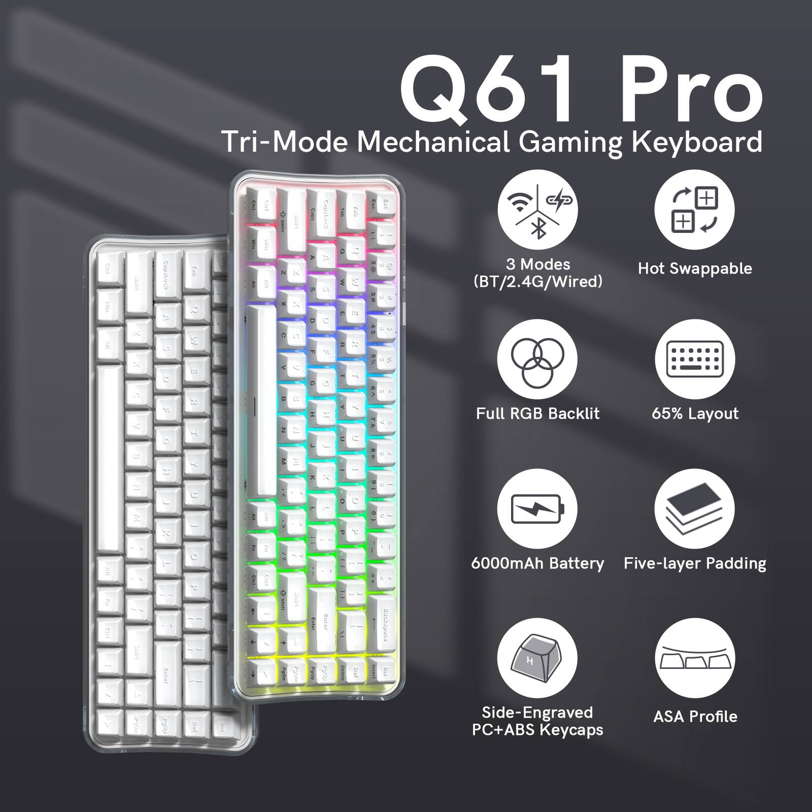 Q61 Pro Tri-Mode Mechanical Gaming Keyboard  
Capiland 3 Modes Hot Swappable (BT/2.4G/Wired)  
Full RGB Backlit  
65% Layout  
6000mAh Battery  
Five-layer Padding  
Side-Engraved PC+ABS Keycaps  
ASA Profile