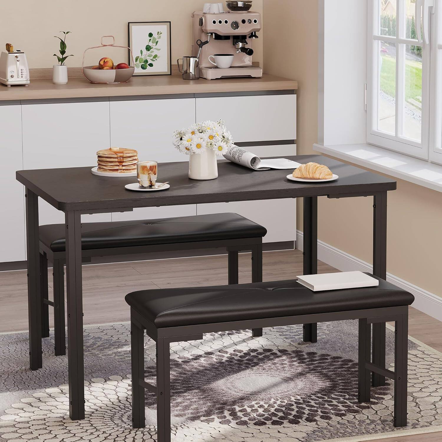 Front. Qeetex - 3-Piece Kitchen Table Set for 4 with 2 Upholstered Benches, Space-Saving for Breakfast Nooks & Small Spaces - Black.