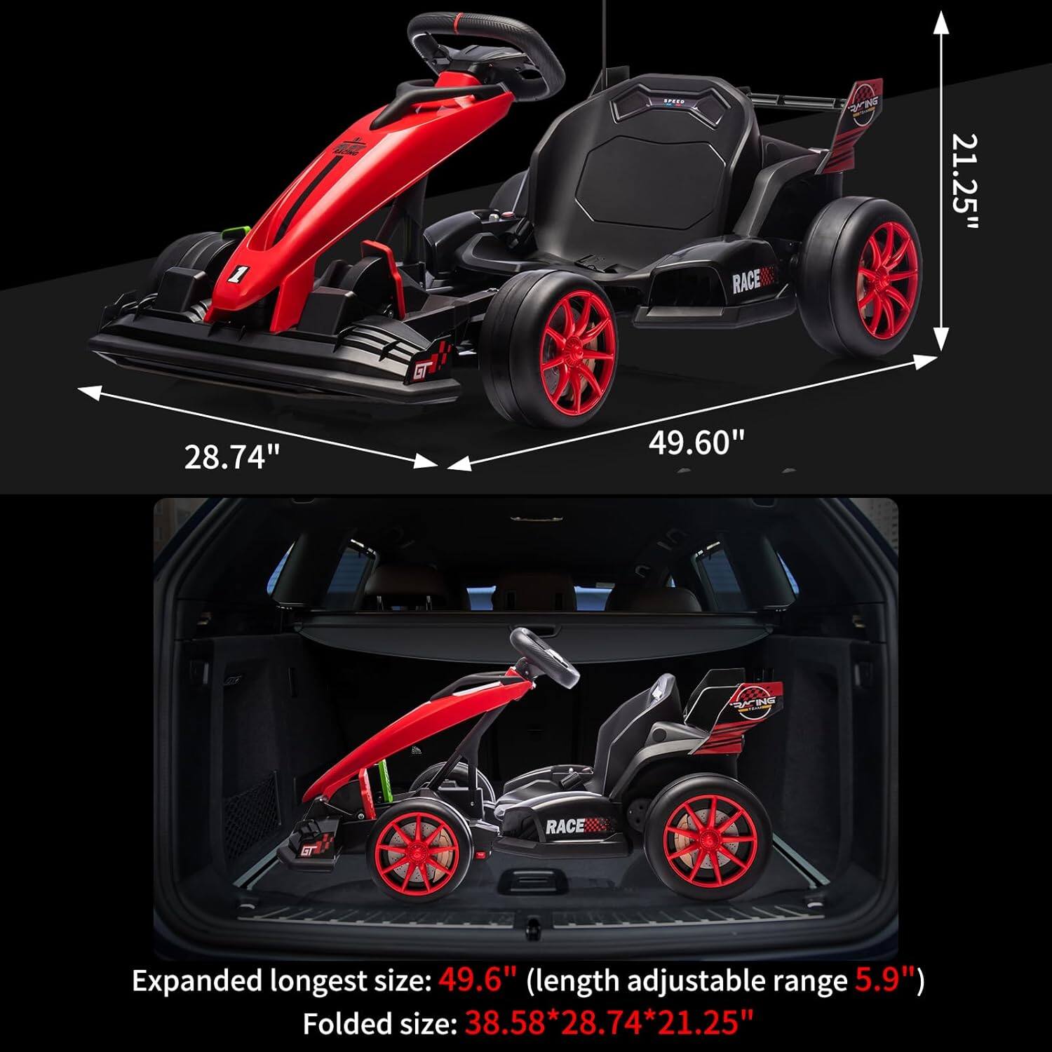 RACE  
Expanded longest size: 49.6" (length adjustable range 5.9")  
Folded size: 38.58" x 28.74" x 21.25"