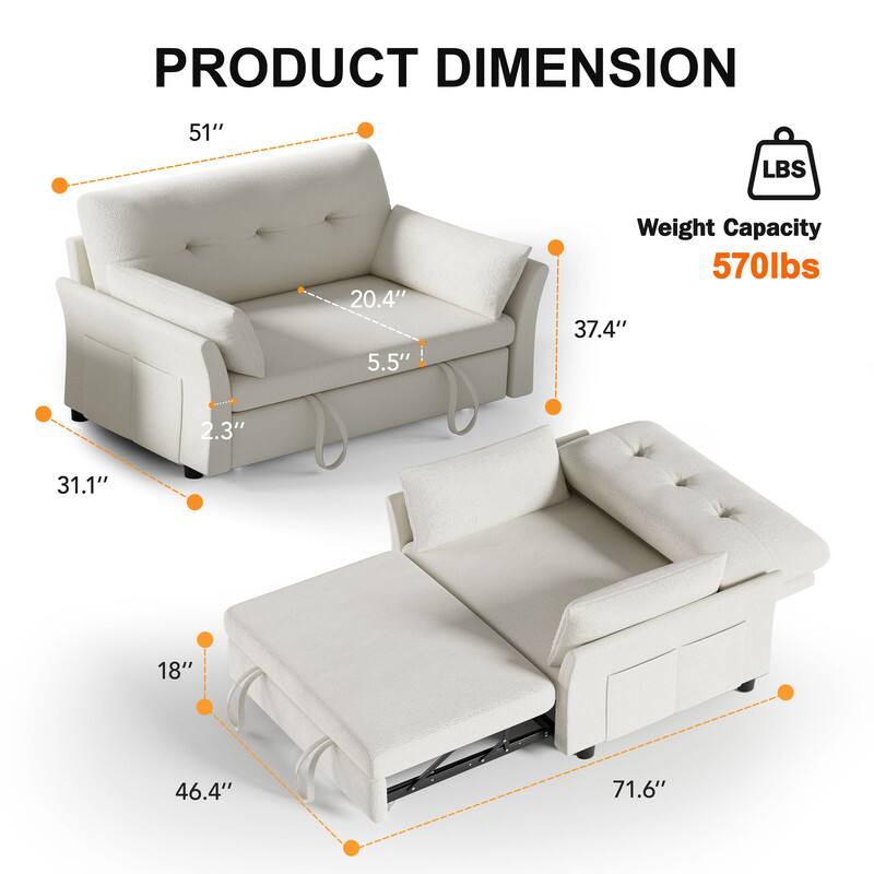 PRODUCT DIMENSION  
51" L x 20.4" W x 37.4" H  
Weight Capacity: 570lbs  
31.1" D x 18" H x 46.4" L x 71.6"