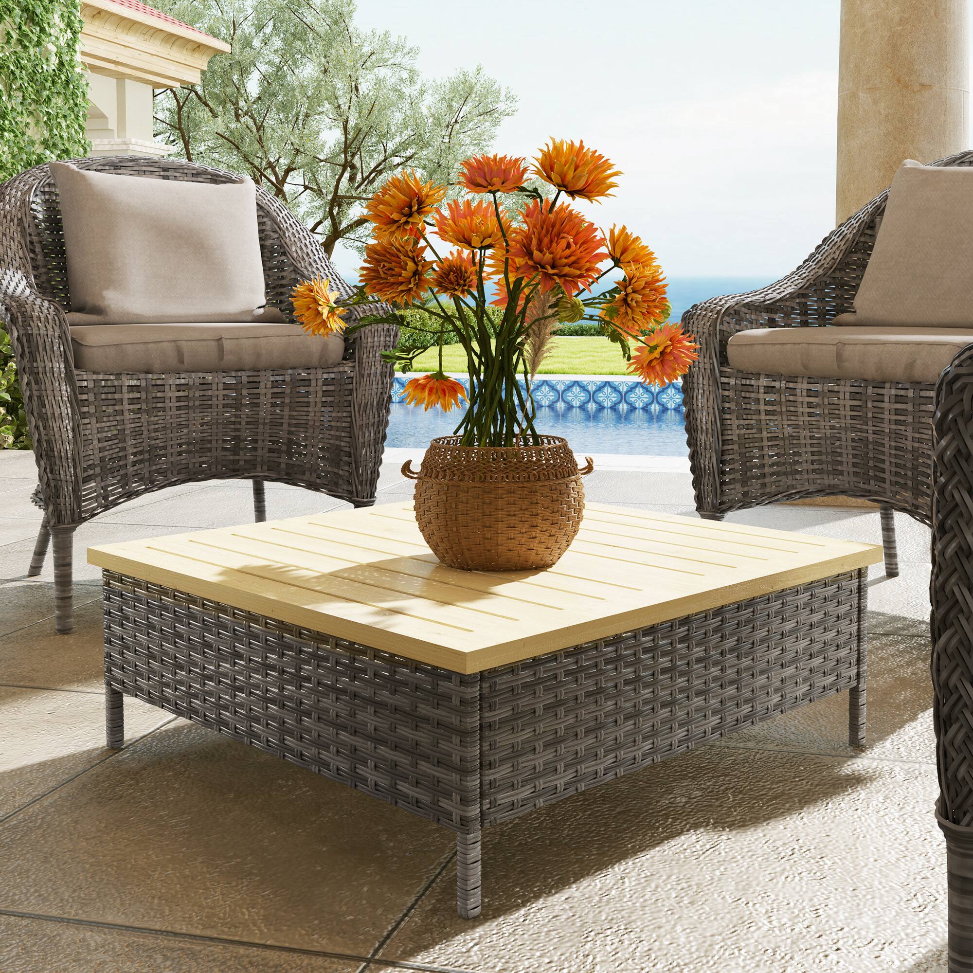 Alt View 1. Outsunny - Outdoor Side Table with PE Rattan, Patio End Table with Natural Fir Wood Top, Weather Resistant Accent Table - Gray.