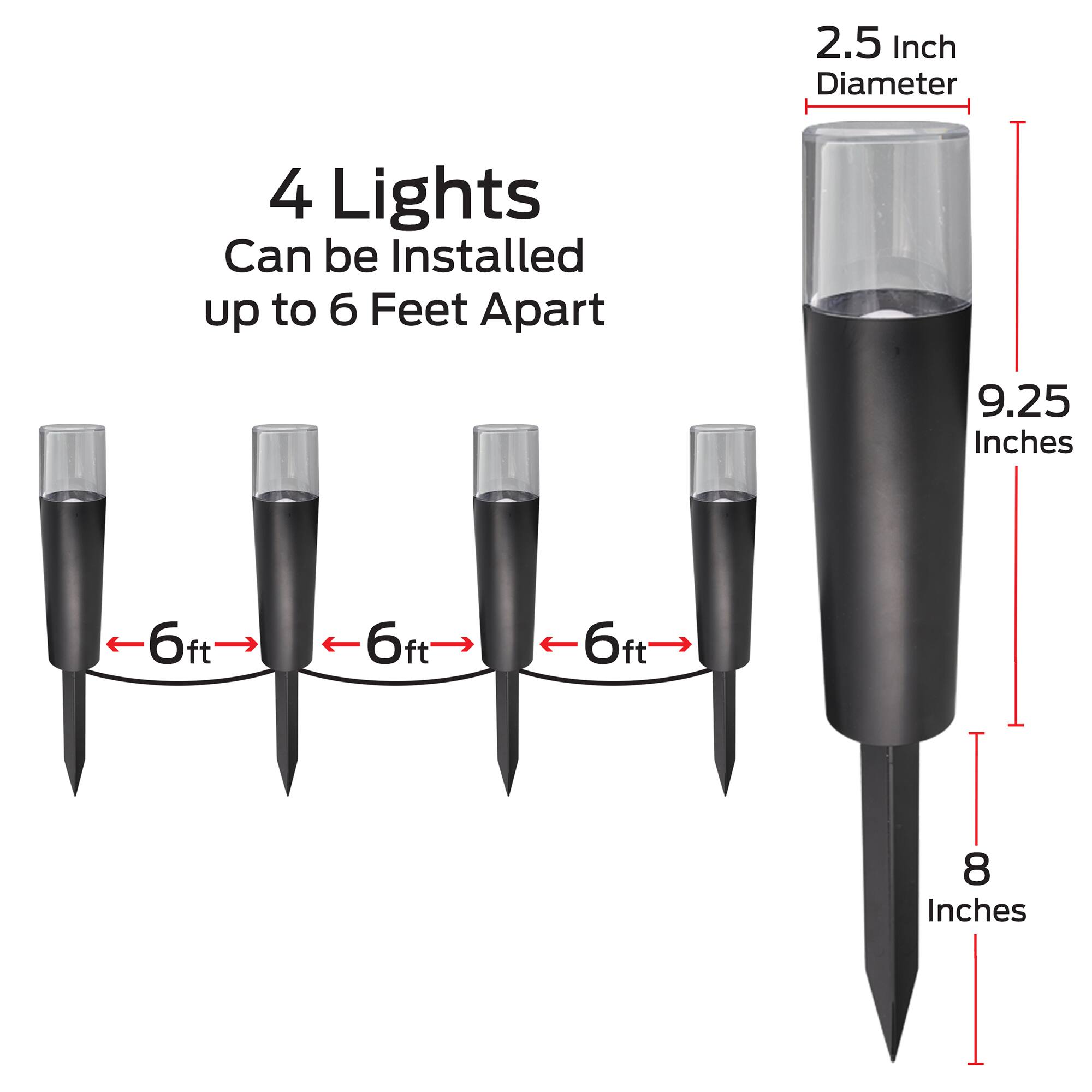 2.5 Inch Diameter  
4 Lights  
Can be Installed up to 6 Feet Apart  
9.25 Inches  
8 Inches