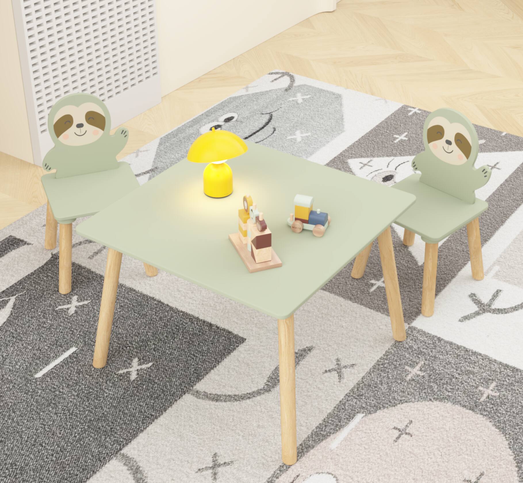 Back. Tiramisubest - Kids Table and Chair Set with 2 Cute Sloth Chairs,Wooden Toddler Activity Table,Cute Animal Design Play & Study Set - Natural Wood,Sage Green.