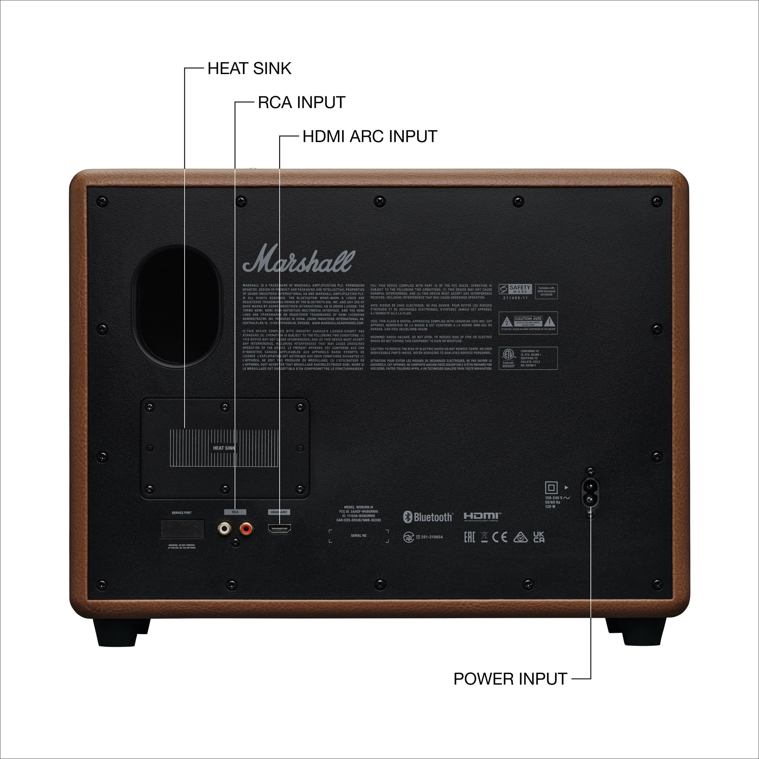 Marshall - Heat Sink RCA Input HDMI ARC Input - Power Input - Bluetooth - CE -d - Stereo - Speaker - Audio - System