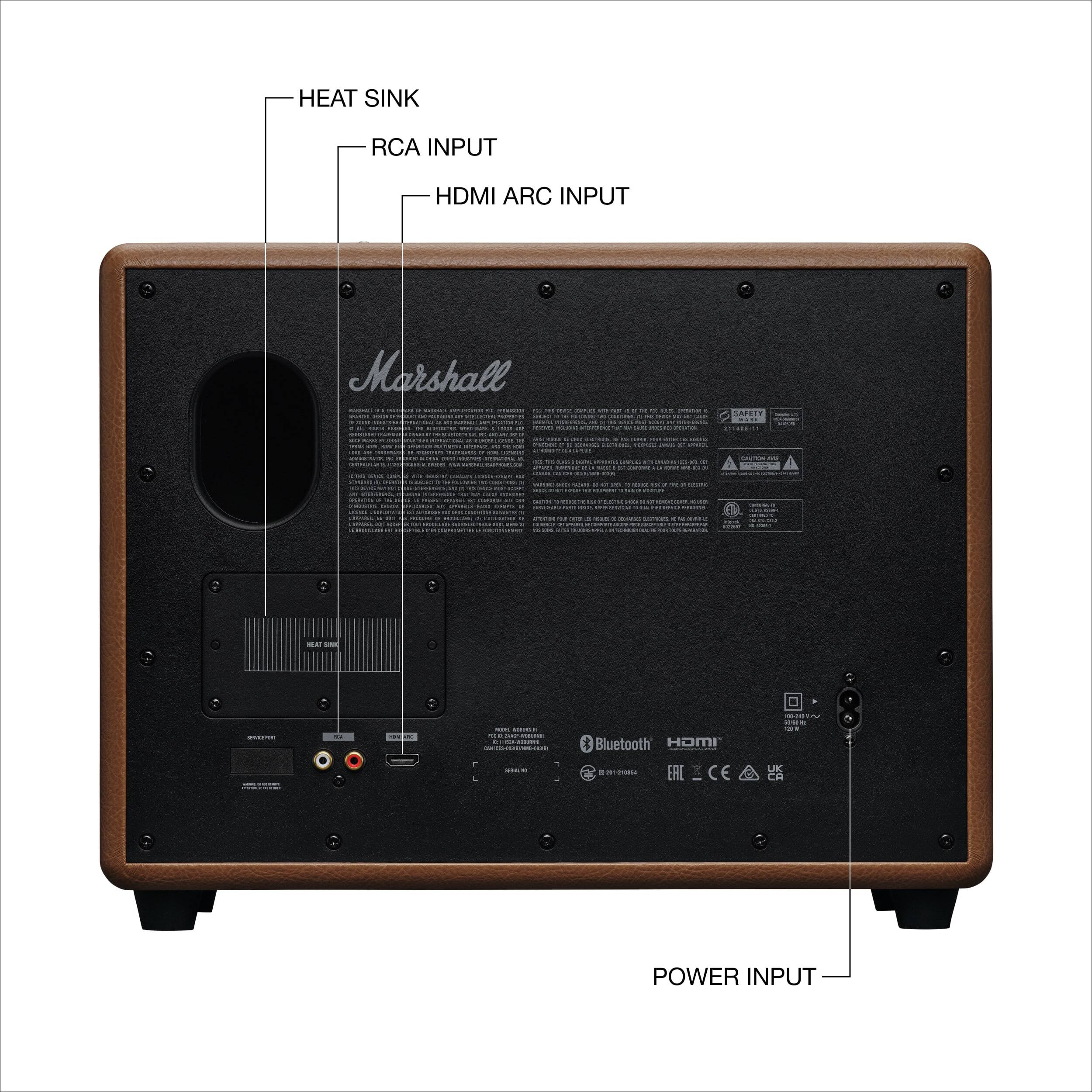 Marshall - Heat Sink RCA Input HDMI ARC Input - Power Input - Bluetooth - CE -d - Stereo - Speaker - Audio - System