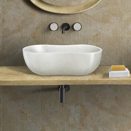 Front. ELEMENT ACE - Natural Marble Bathroom Vessel Sink with Semi-Polished Surface and Elegant Wavy Design for Modern Spaces - White+Natural.
