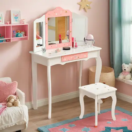 Front. Kadyn - Kids Princess Vanity Table and Stool Set with Tri-folding Mirror and Drawer-White, Kids Makeup Vanity for Girls Kids - White.