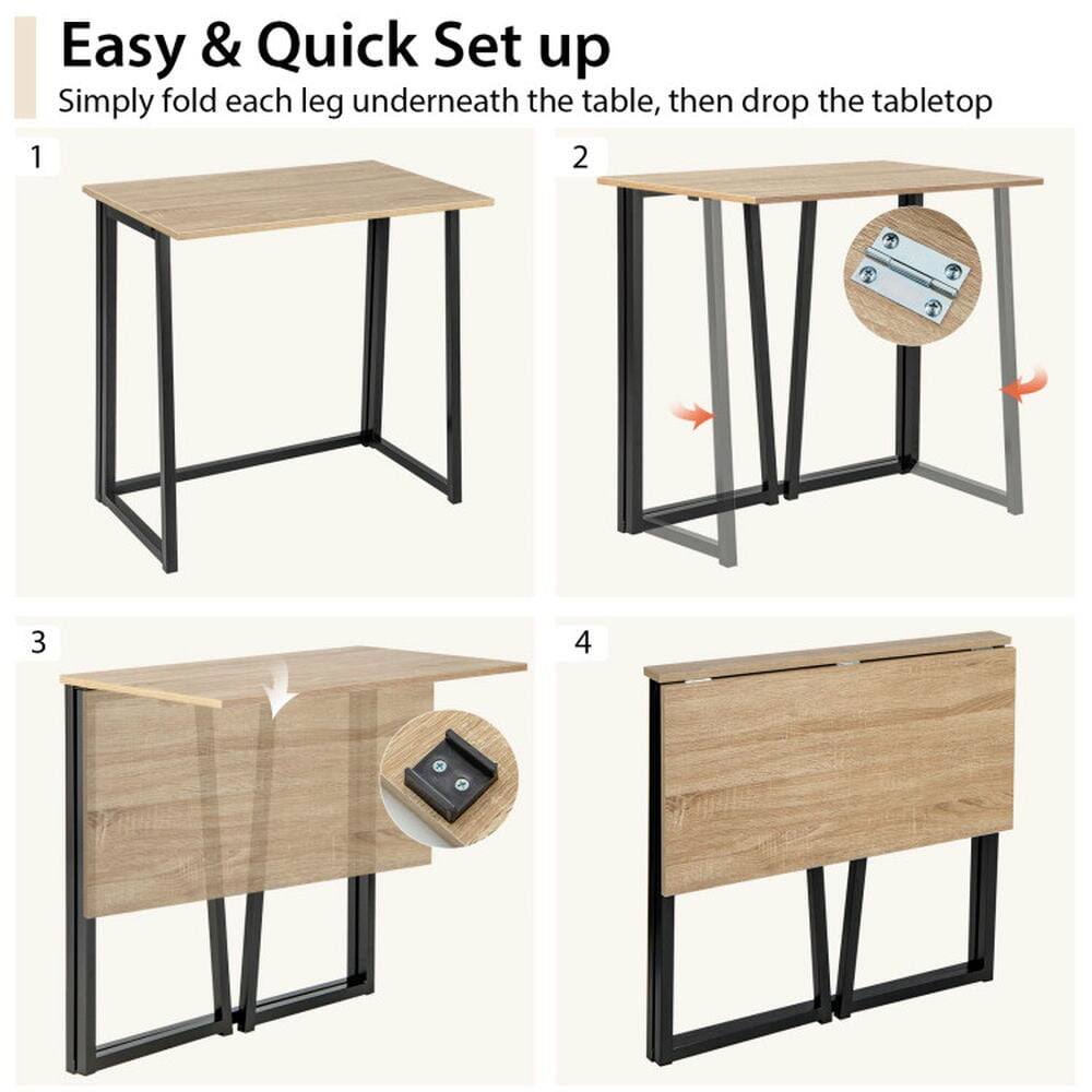 Easy & Quick Set up  
Simply fold each leg underneath the table, then drop the tabletop  

1  
2  
3  
4