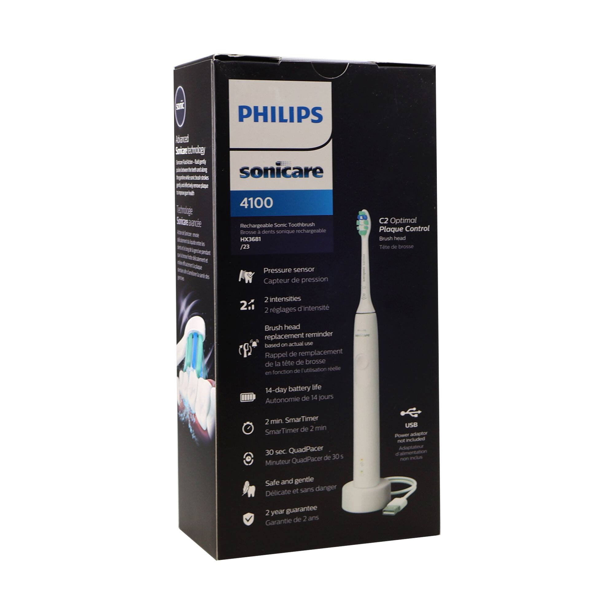 Sure, here is the corrected and grouped text from the image:

---

**PHILIPS Sonicare**

**4100 Rechargeable Sonic Toothbrush**

- **HX6361**
- **Pressure sensor**
- **Capteur de pression**
- **2 intensities**
- **2 réglages d'intensité**
- **Brush head replacement reminder based on actual use**
- **Rappel de remplacement de la tête de brosse de brosse**
- **14-day battery life**
- **Autonomie de 14 jours**
- **2 min SmartTimer**
- **SmarTimer de 2 min**
- **30 sec QuadPacer**
- **Minuteur QuadPacer de 30s**
- **Safe and gentle**
- **Douce et soignée**
- **2 year guarantee**
- **Garantie de 2 ans**

**C2 Optimal Plaque Control Brush head**
- **Tête de brosse**

**USB Power adapter included**
- **Adaptateur USB inclus**

**Learning mode**
- **Mode d'apprentissage**

**Safe and gentle**
- **Douce et soignée**

**2 year guarantee**
- **