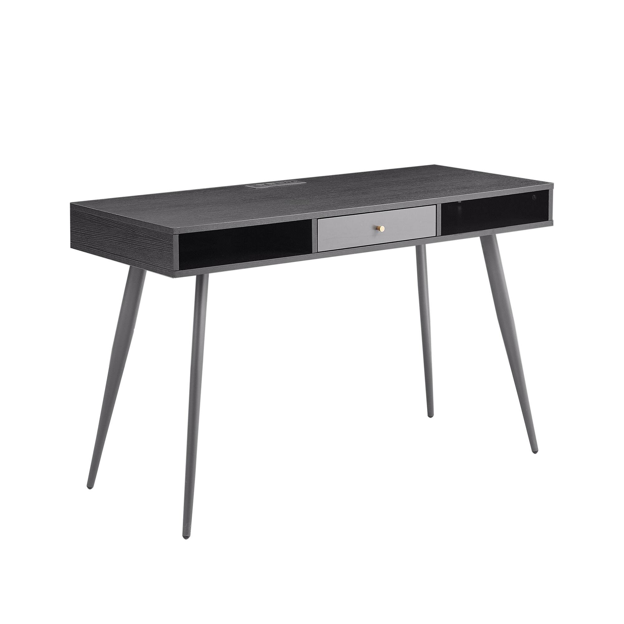 Alt View 7. Tiramisubest - Mid Century Desk with USB Ports & Power Outlet,Modern Multifunctional Home Office Computer Desk with Drawers,Black - Black.