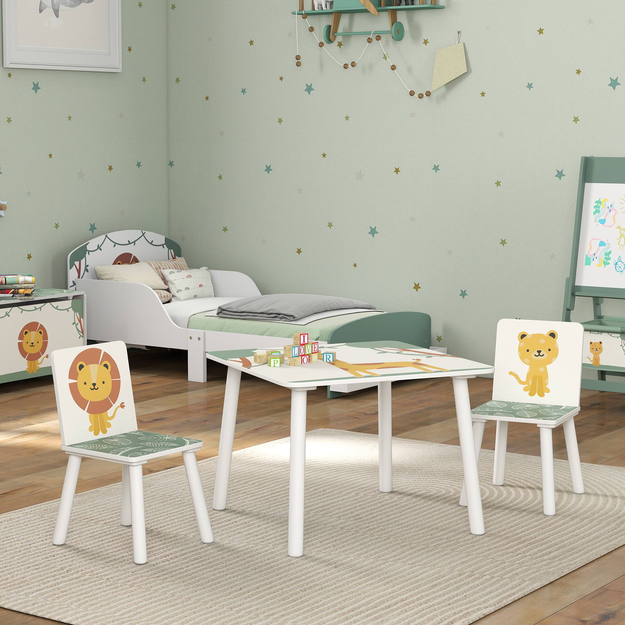 Alt View 5. Qaba - 3-Piece Toddler Table and Chair Set, Kids Set w/Star Pattern, for 3-8, Bedroom, Nursery, Playroom - Green.