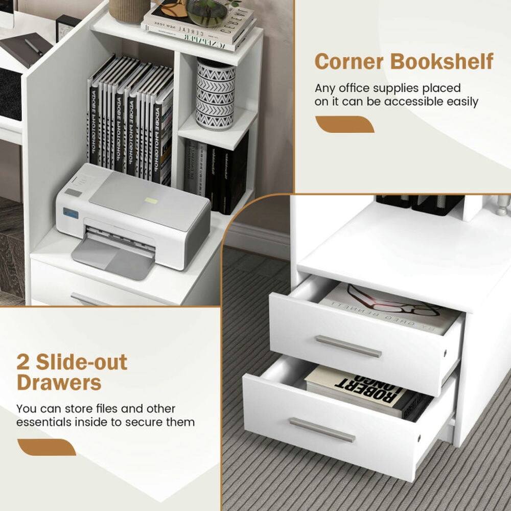 Corner Bookshelf  
Any office supplies placed on it can be accessible easily  

2 Slide-out Drawers  
You can store files and other essentials inside to secure them