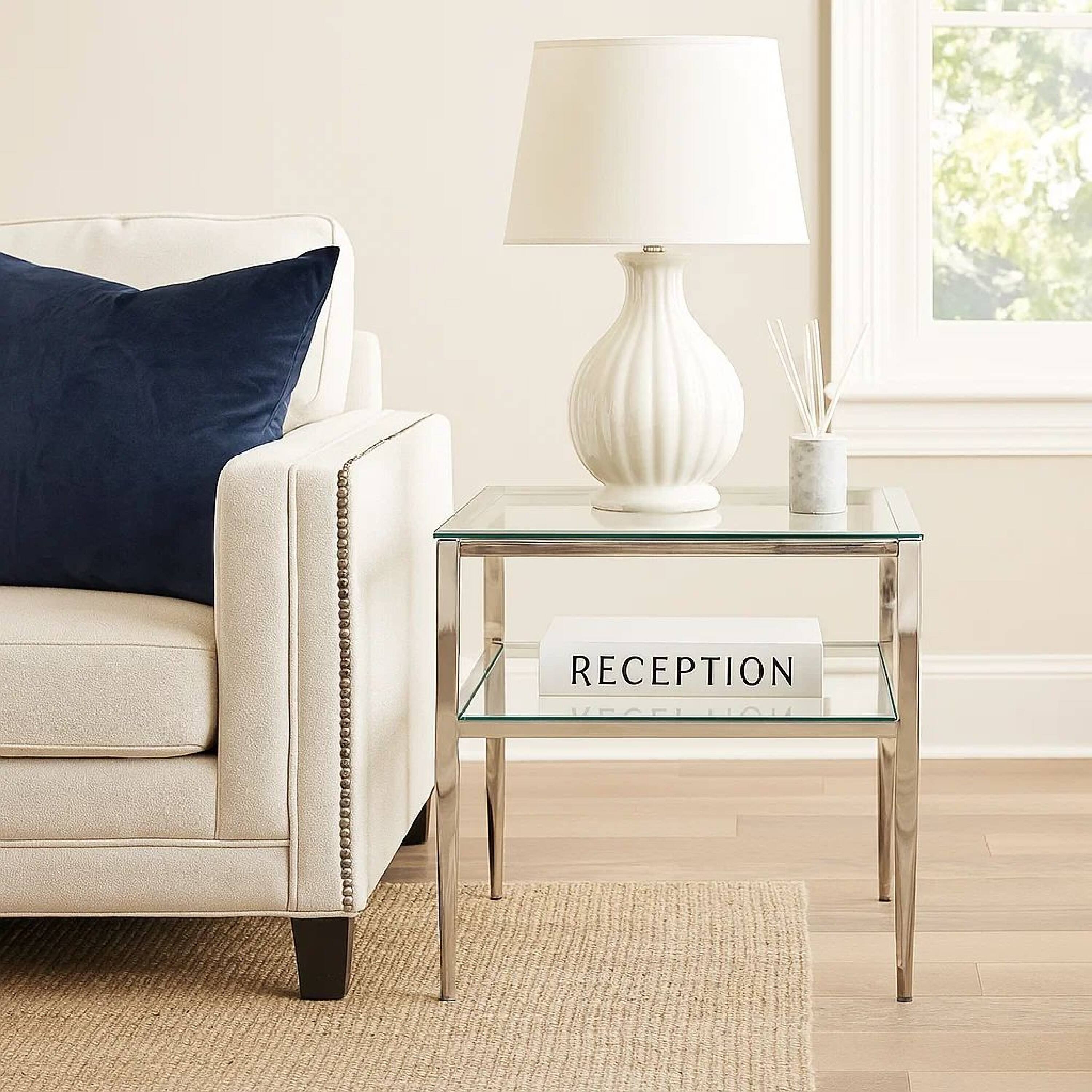 Alt View 5. Manhattan Lane - Metal Square End Table, Glass Top, Open Shelf - Chrome.