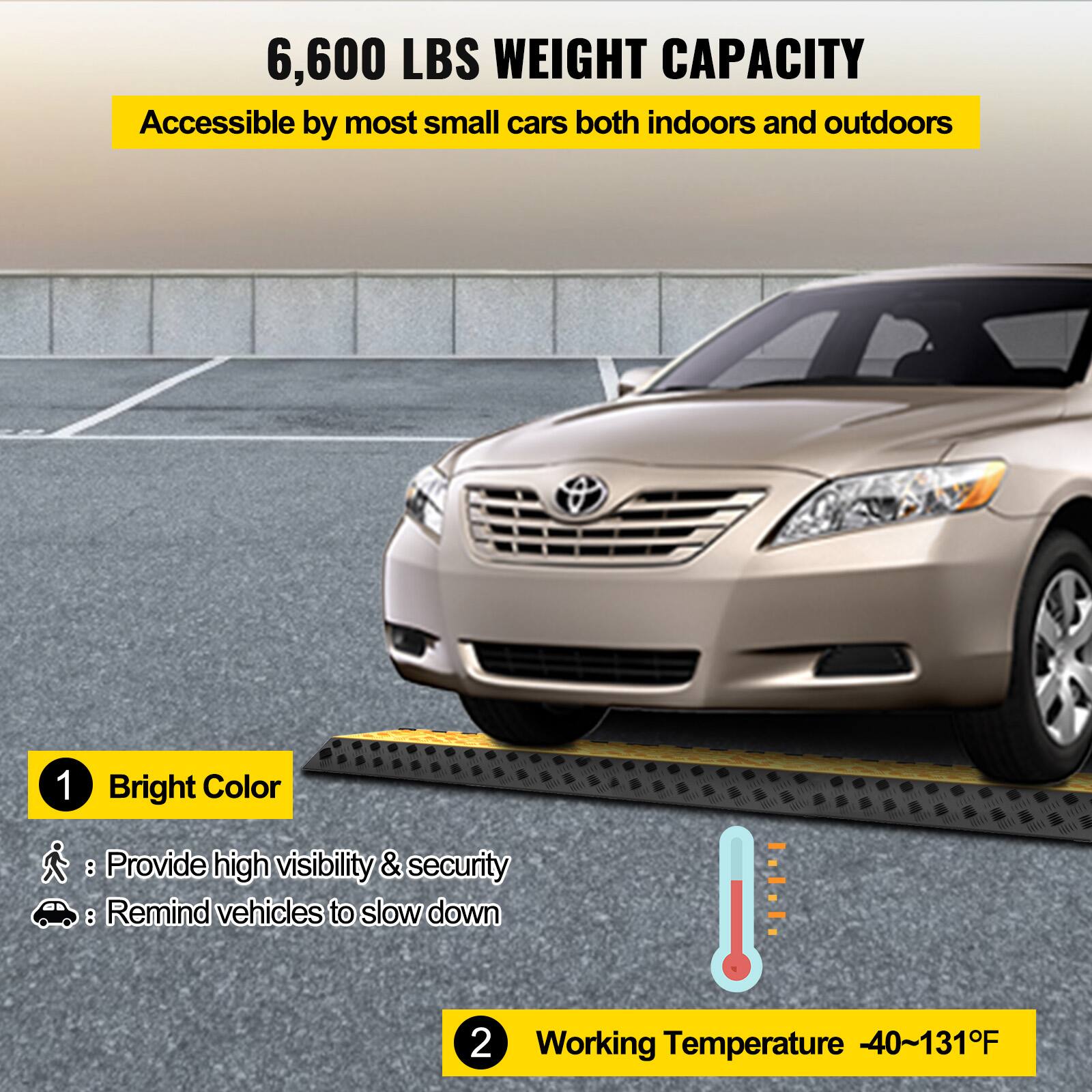 6,600 LBS WEIGHT CAPACITY
Accessible by most small cars both indoors and outdoors
1. Bright Color: Provide high visibility & security
2. Working Temperature -40~131°F