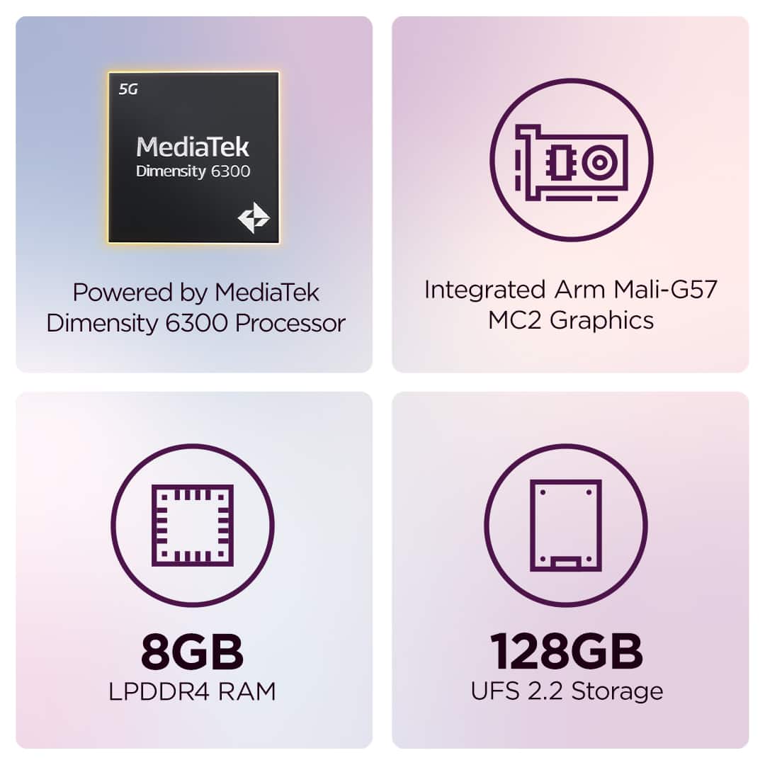 5G
MediaTek Dimensity 6300
Powered by MediaTek Dimensity 6300 Processor
Integrated Arm Mali-G57 MC2 Graphics
8GB LPDDR4 RAM
128GB UFS 2.2 Storage
