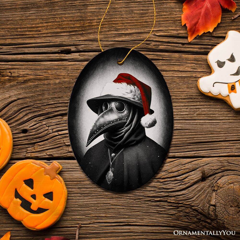 Back. OrnamentallyYou - Grim Plague Doctor With Santa Hat Ceramic Ornament Christmas Keepsake for Halloween Tree Oval - Multi-colored.
