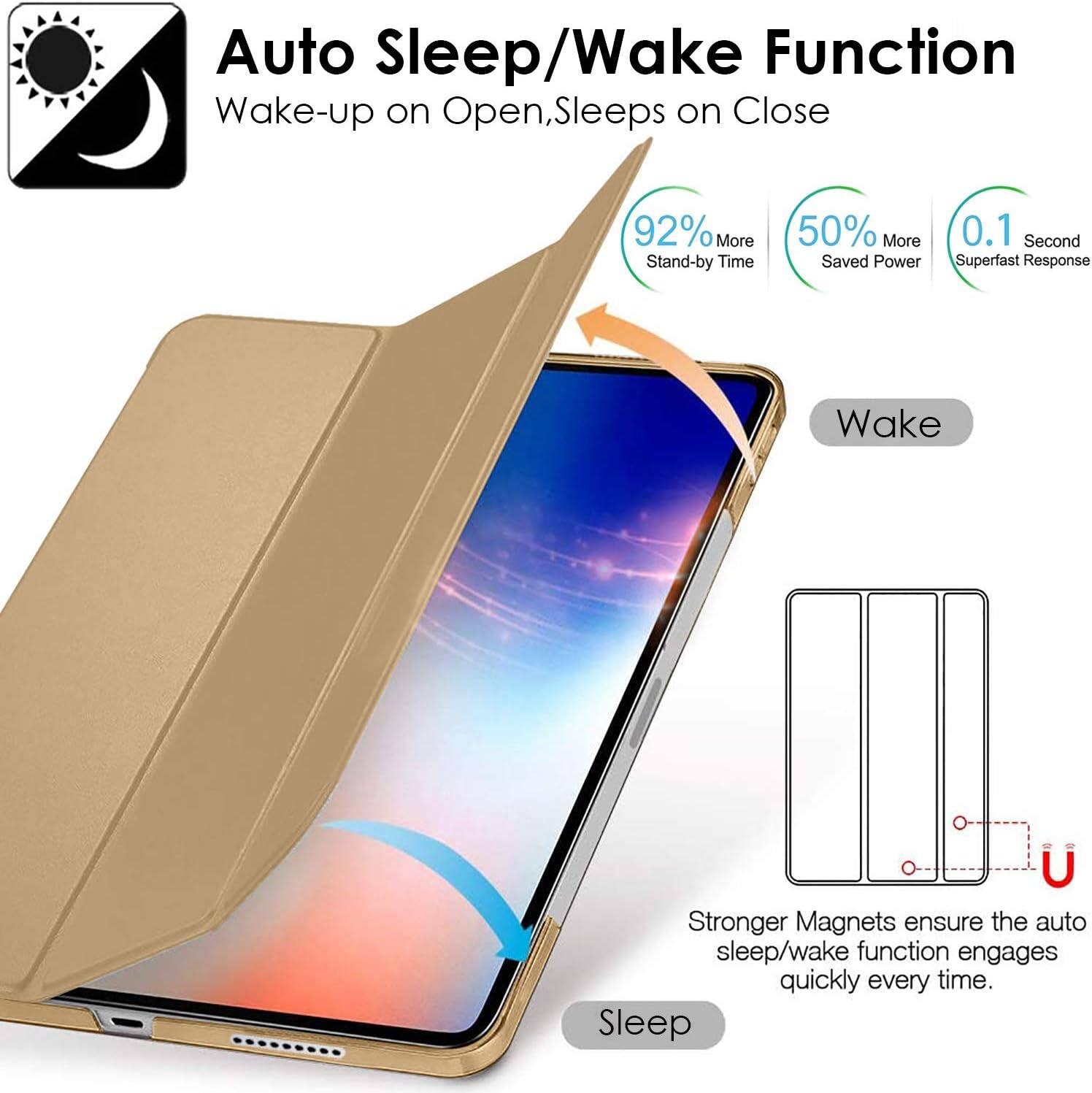 Auto Sleep/Wake Function  
Wake-up on Open, Sleeps on Close

92% More Stand-by Time  
50% More Saved Power  
0.1 Second Superfast Response

Wake  
Sleep

Stronger Magnets ensure the auto sleep/wake function engages quickly every time.