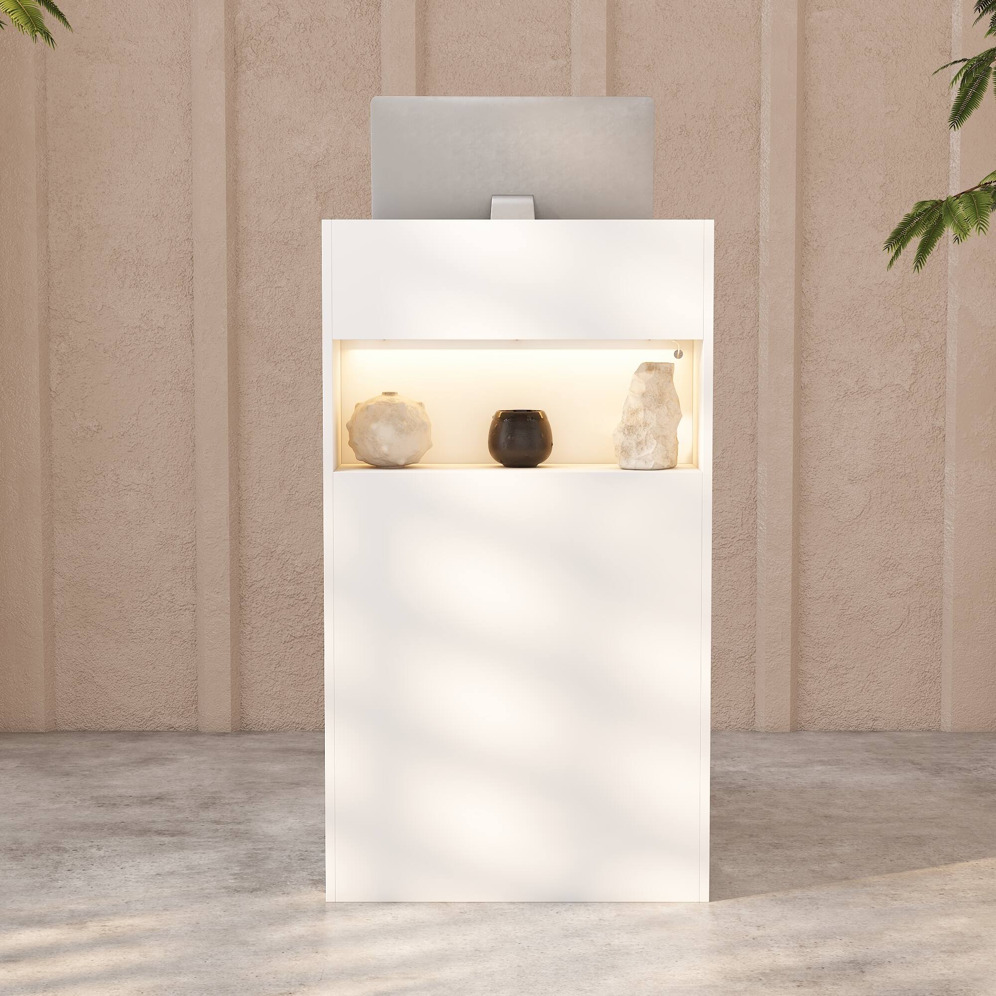 Left. Famapy - Small Reception Desk with LED Light, White Podium Stand for Salon, Modern Checkout Counter for Small Business. - White.