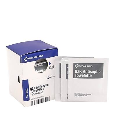 FIRST AID ONLY  
BZK Antiseptic Towelettes  
FAE-4002  
10 Towelettes  

FIRST AID ONLY  
BZK Antiseptic Towelette