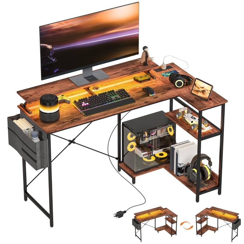 Back. Anysun - 58" Reversible L Shaped Computer Desk with Power Outlets & LED Lights, Corner Desk with Monitor Stand - Rustic Brown.