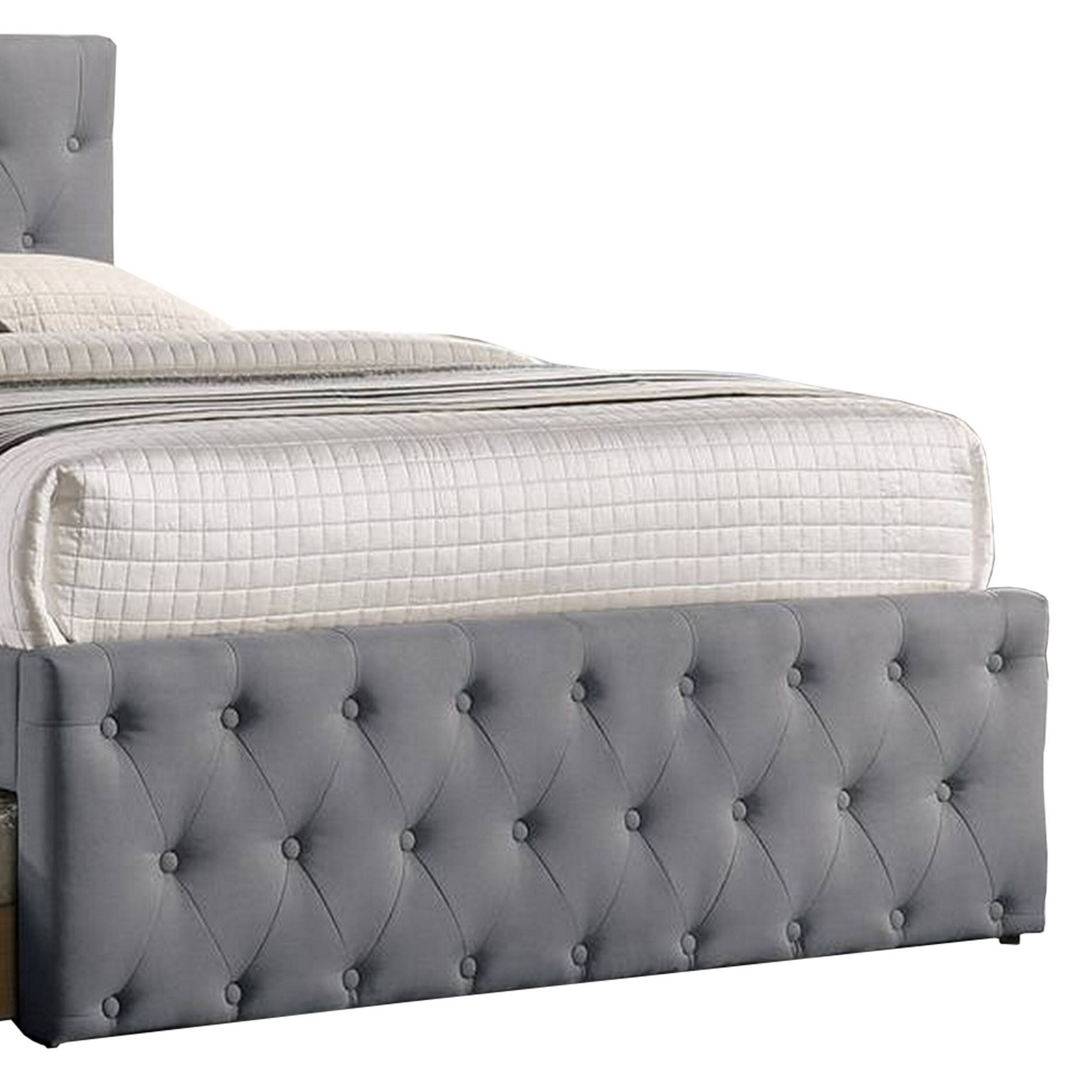 Alt View 2. Manhattan Lane - Nek Wood Twin Size Upholstered Bed with Trundle, Tufted Gray Burlap - Gray.