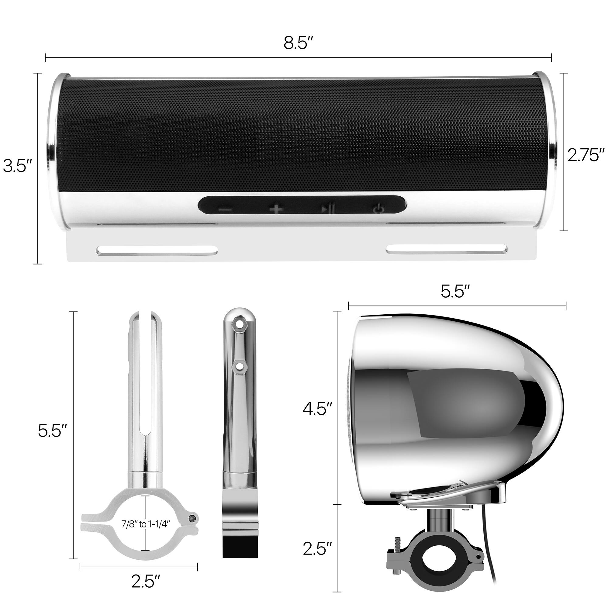 8.5" x 3.5" x 2.75"  
5.5" x 5.5" x 4.5"  
7/8" to 1-1/4"  
2.5" x 2.5"