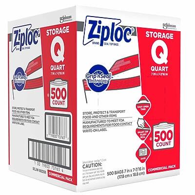 Ziploc STORAGE Q QUART 500 COUNT  
Grip n Seal Technology  
STORE, PROTECT & TRANSPORT FOOD AND OTHER ITEMS  
EASY OPEN  
WRITE-ON LABEL  
500 BAGS 7 in x 7-7/8 in (17.8 cm x 18.8 cm)  
COMMERCIAL PACK  
CAUTION: in COMMERCIAL PACK