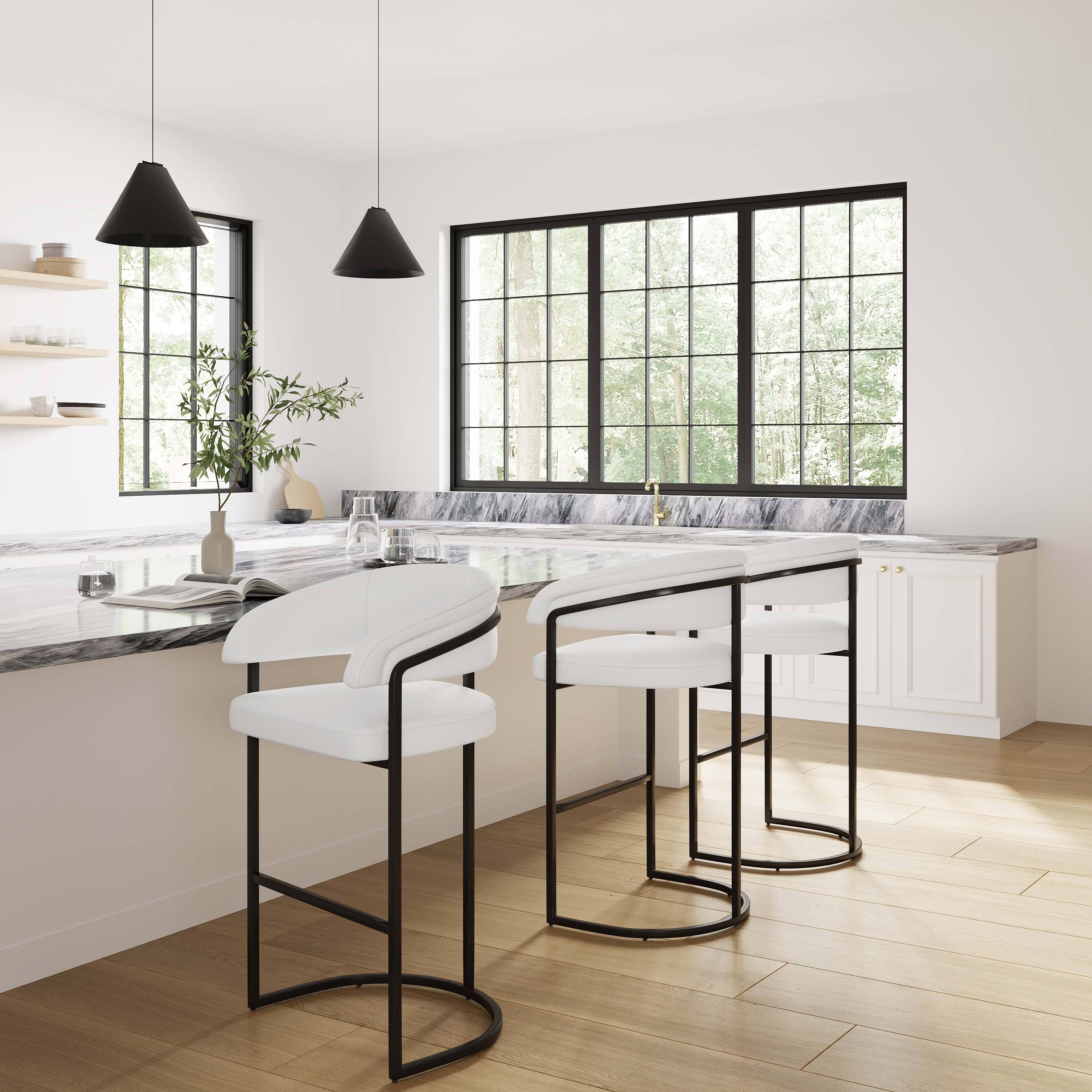 Angle. Manhattan Comfort - Augusta Modern Metal Upholstered Barstool - Set of 3 - White.