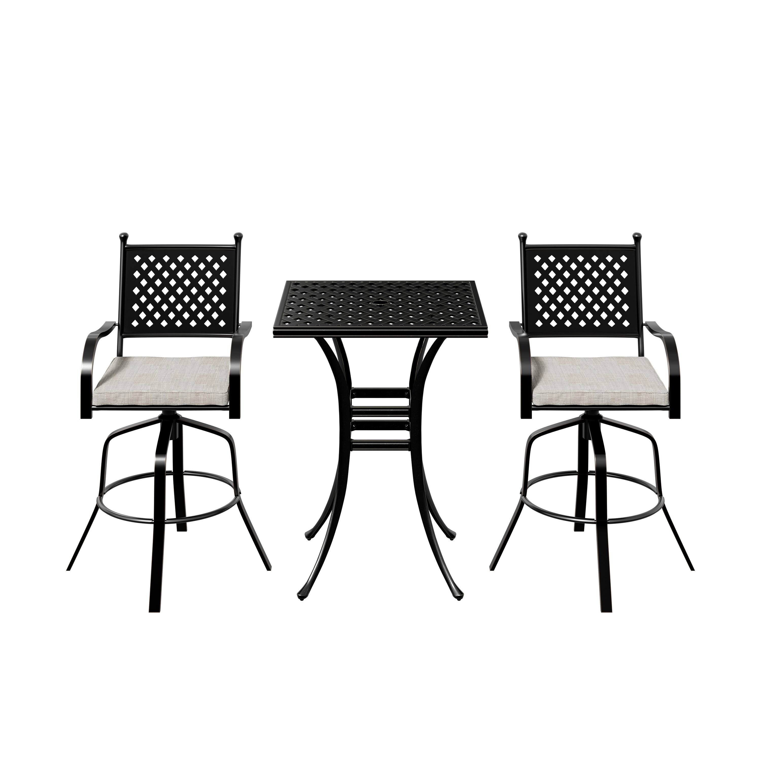 Back. Mondawe - 3-Piece Outdoor Dining Set with Swivel Chairs and Yarn-dyed Fabric Cushions - Black+Beige.