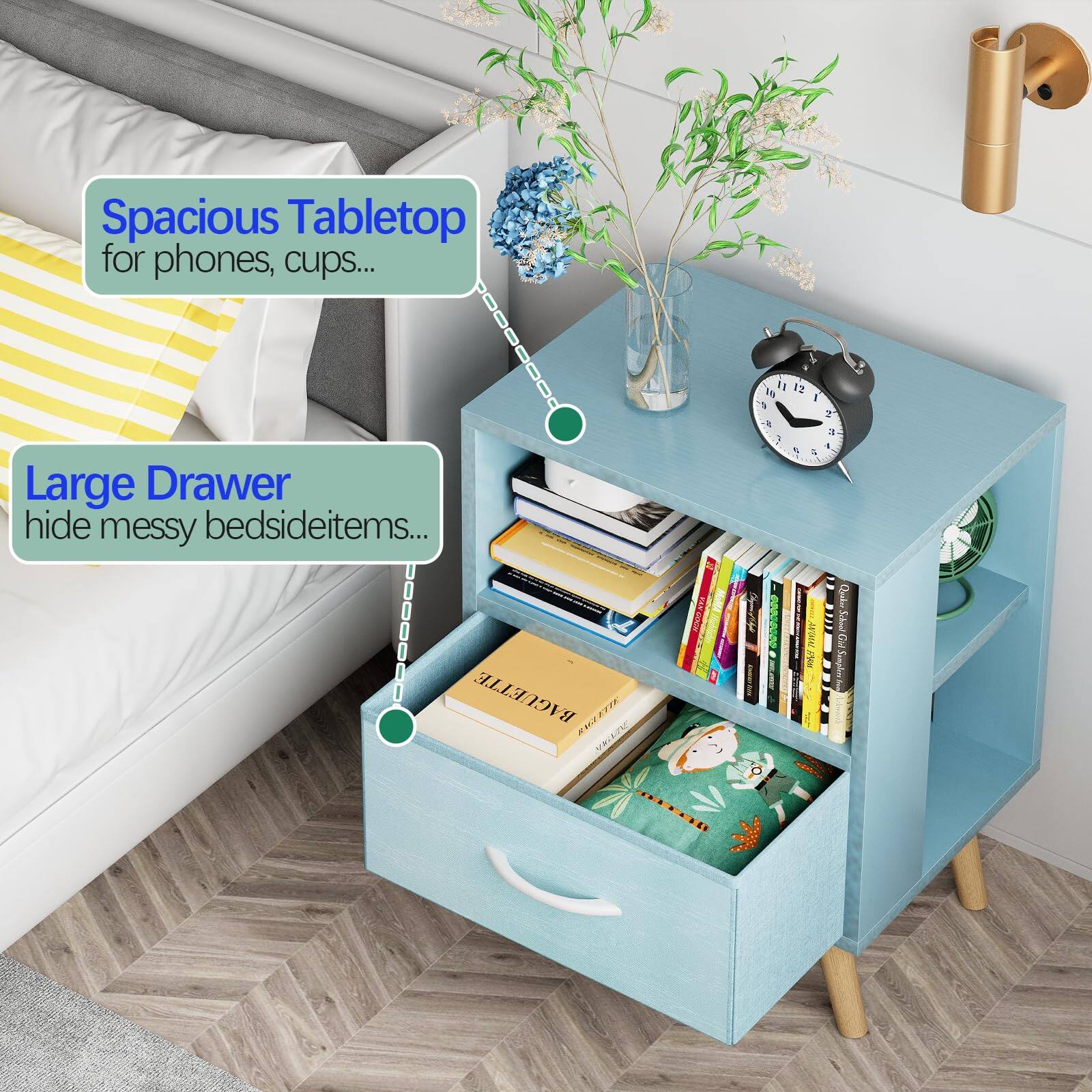 Spacious Tabletop for phones, cups...

Large Drawer hide messy bedside items...