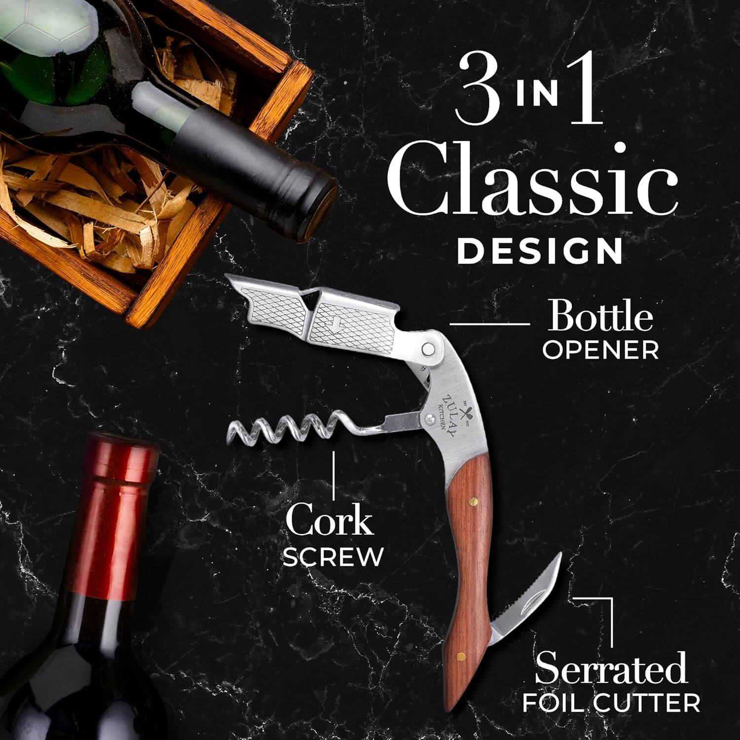 3 IN 1 Classic DESIGN  
- Bottle OPENER  
- Cork SCREW  
- Serrated FOIL CUTTER