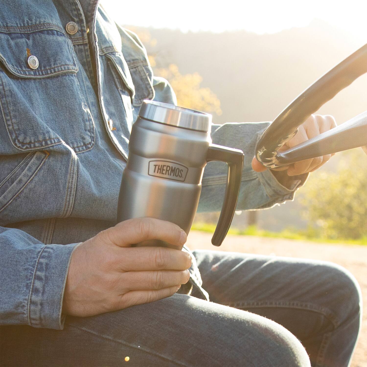 Left. Thermos - Thermos 16 oz. Stainless King Travel Mug with Handle - Matte Silver - Silver.