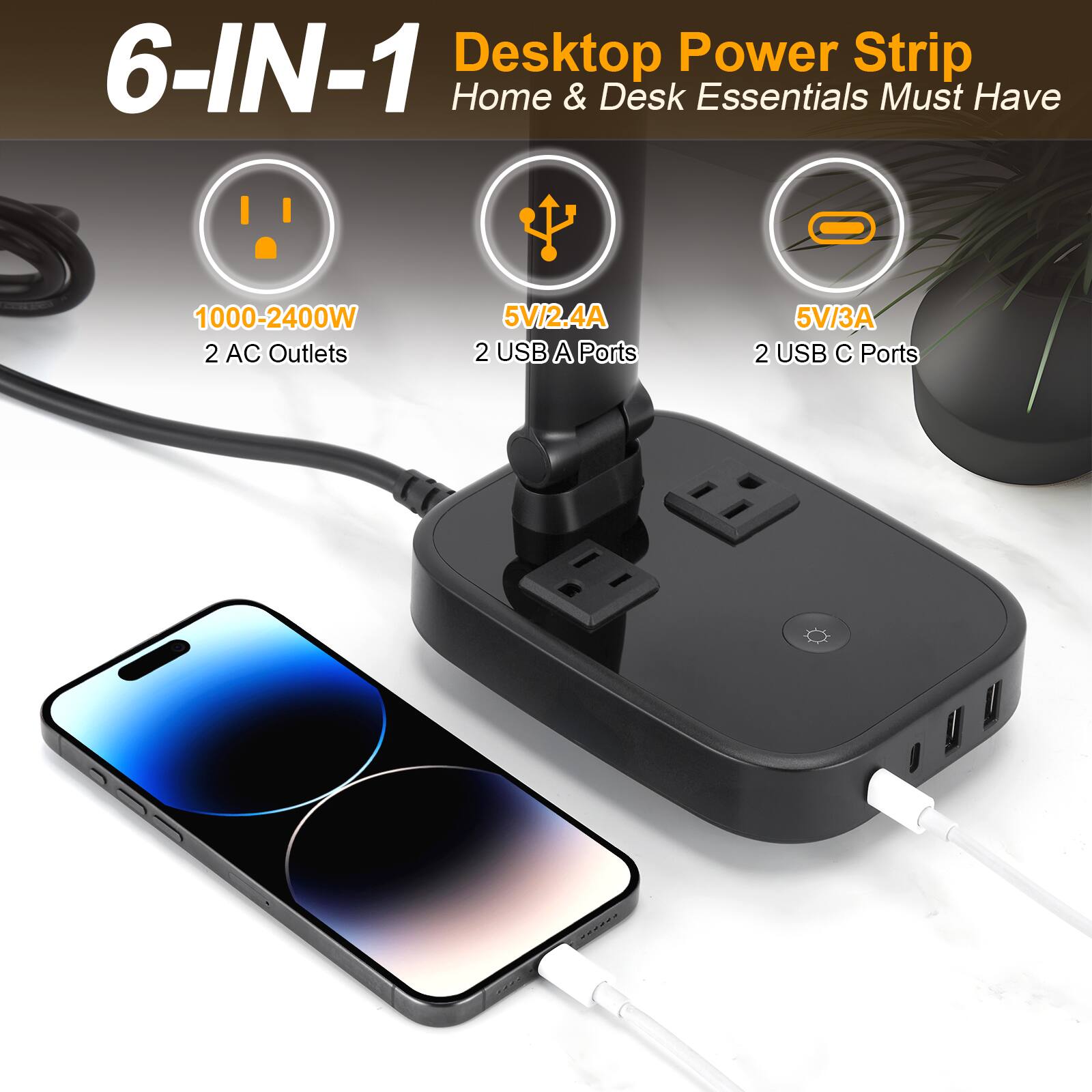 6-IN-1 Desktop Power Strip Home & Desk Essentials Must Have 1000-2400W 2 AC Outlets 5V/2.4A 2 USB A Ports 5V/3A 2 USB C Ports