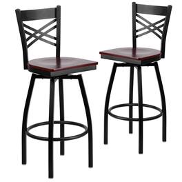 Emma + Oliver - 2 Pack "X" Back Swivel Metal Barstool - Mahogany Wood Seat/Black Metal Frame
