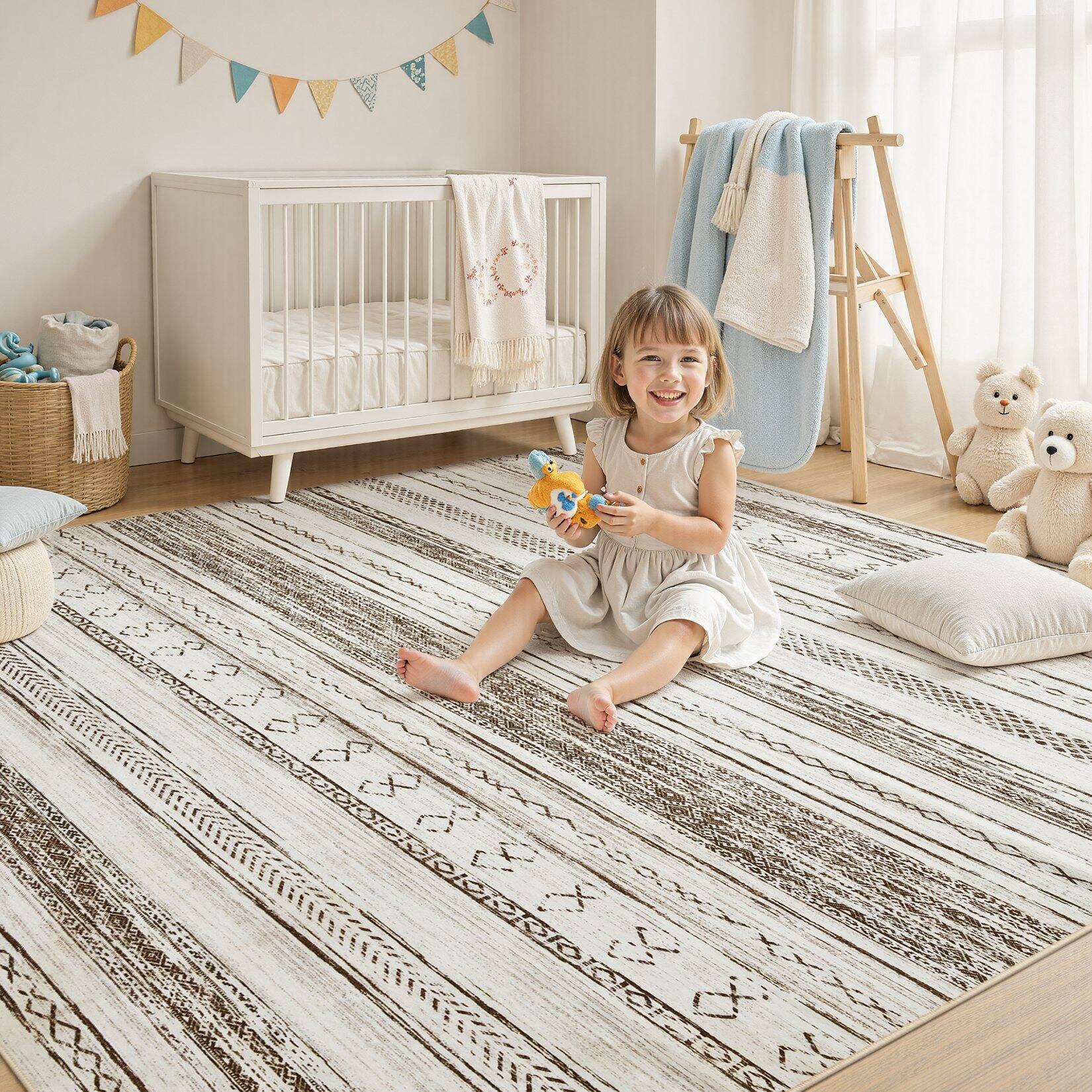 Back. Yardgrace - 5'x7' ft Modern Geometric Area Rug Moroccan Washable Low Pile Carpet Non-Slip Abstract Pattern Soft Floor Mat - Beige.