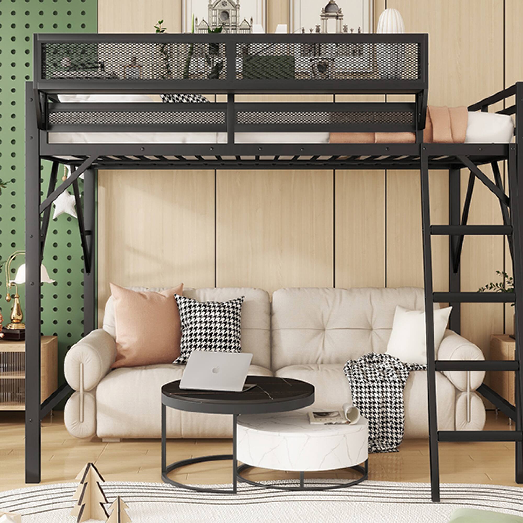 Alt View 4. GOODSILO - Full Size Metal Loft Bed with Storage Shelves and Ladder for Kids and Teens - Black.