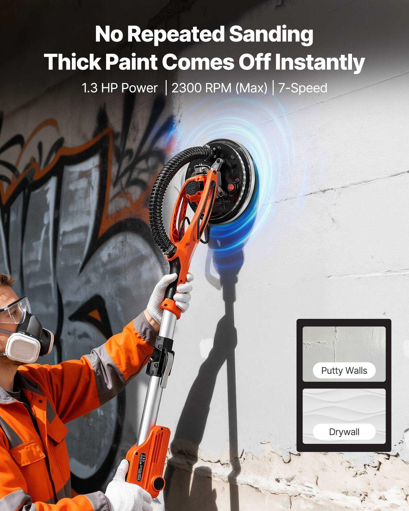 No Repeated Sanding Thick Paint Comes Off Instantly  
1.3 HP Power | 2300 RPM (Max) | 7-Speed  
- Putty Walls  
- Drywall