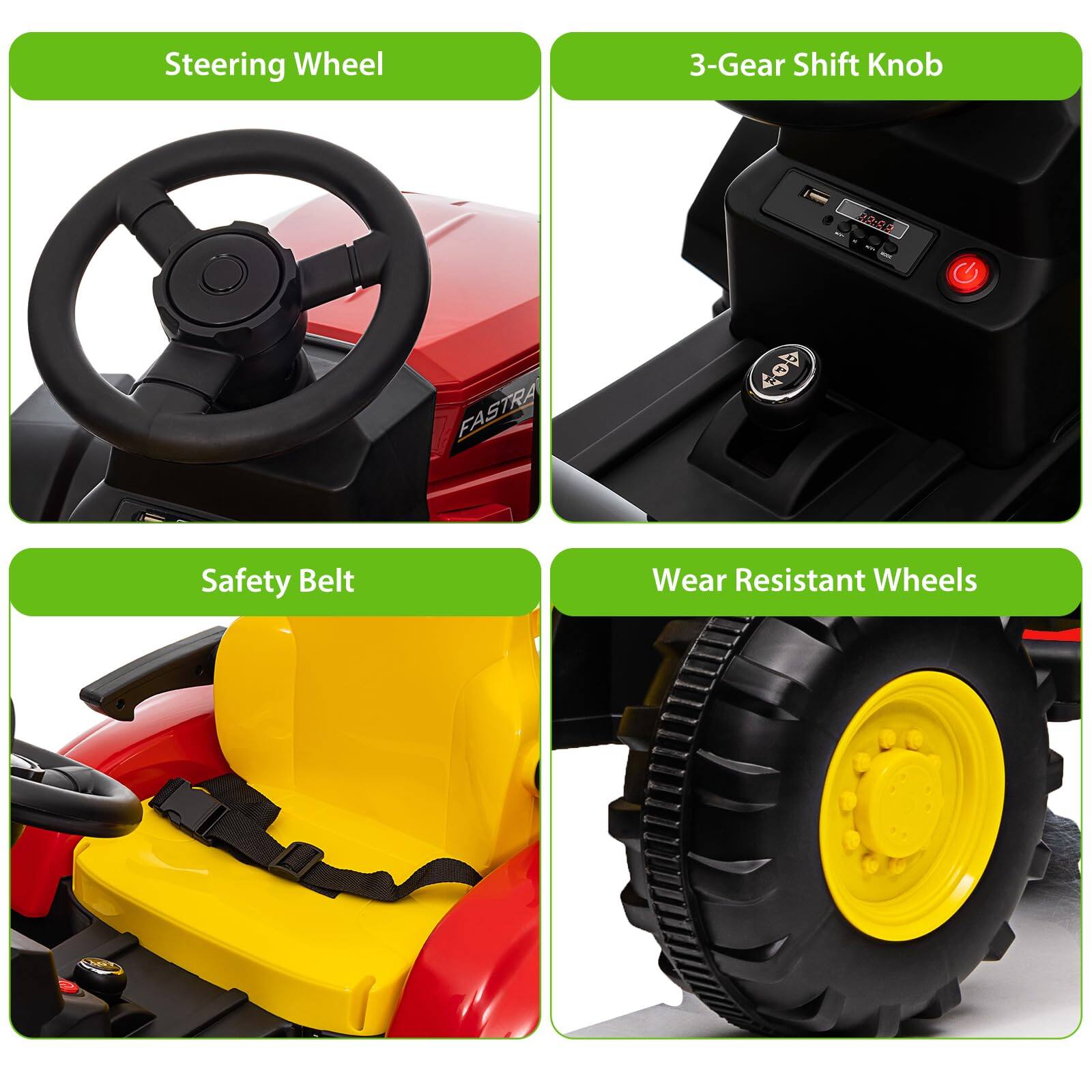 - Steering Wheel
- 3-Gear Shift Knob
- Safety Belt
- Wear Resistant Wheels