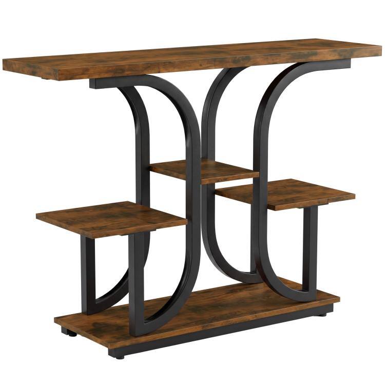 Front. PULUZ - 42.5 inch Modern Console Table, 3-Tier Narrow Entryway Table with Open Storage Shelves for Entryway - Rustic Brown.