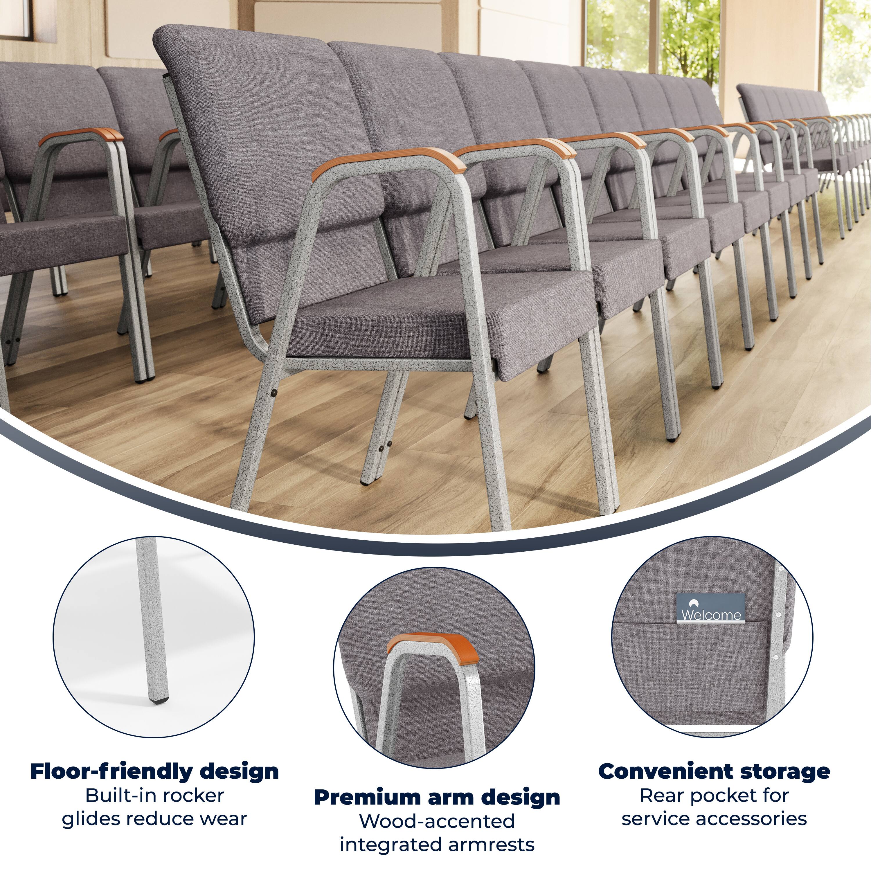 Welcome  
Floor-friendly design  
Convenient storage  
Built-in rocker glides reduce wear  
Premium arm design  
Wood-accented integrated armrests  
Rear pocket for service accessories