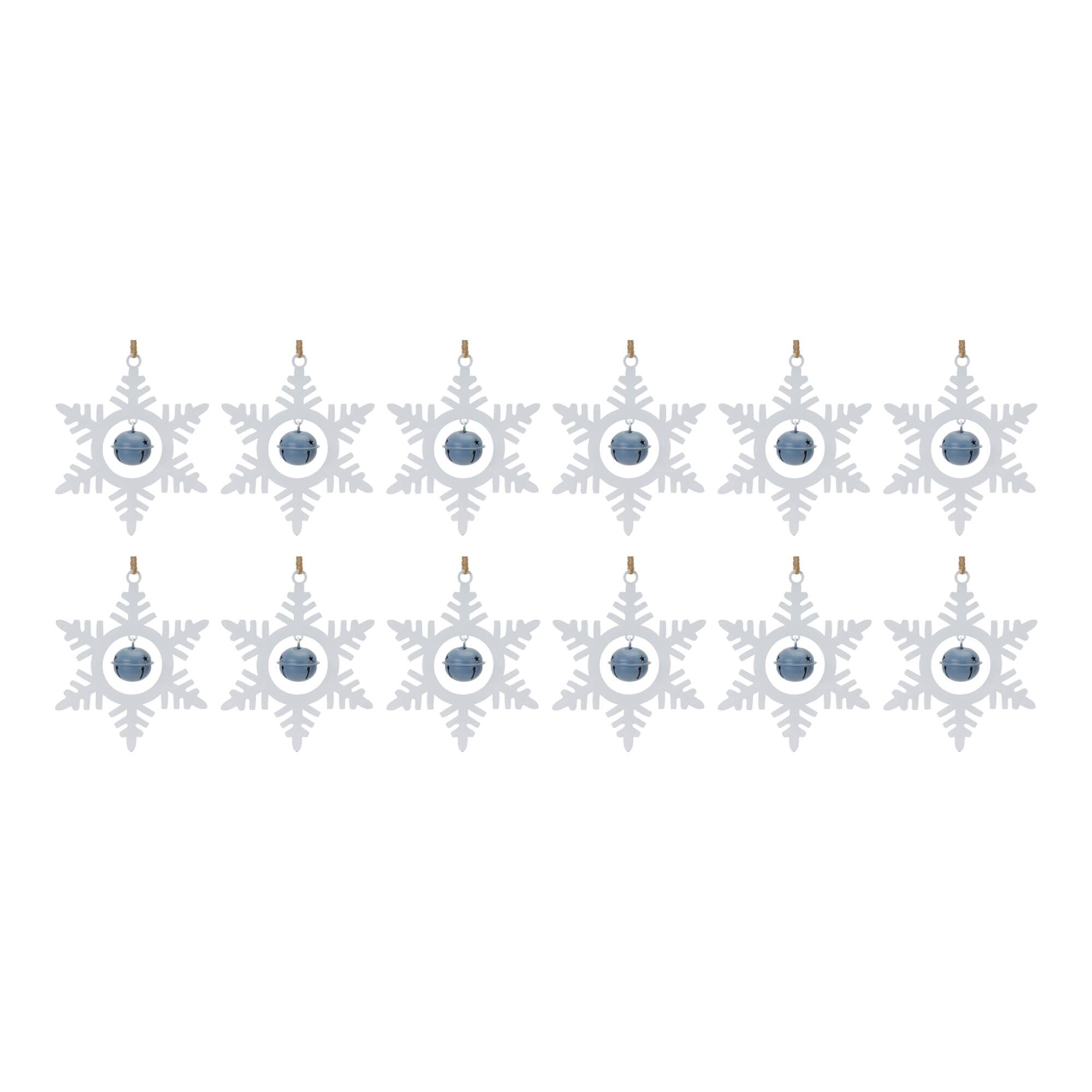 Left. BreeBe - Metal Snowflake with Bell Ornament (Set of 12) - White, Blue.
