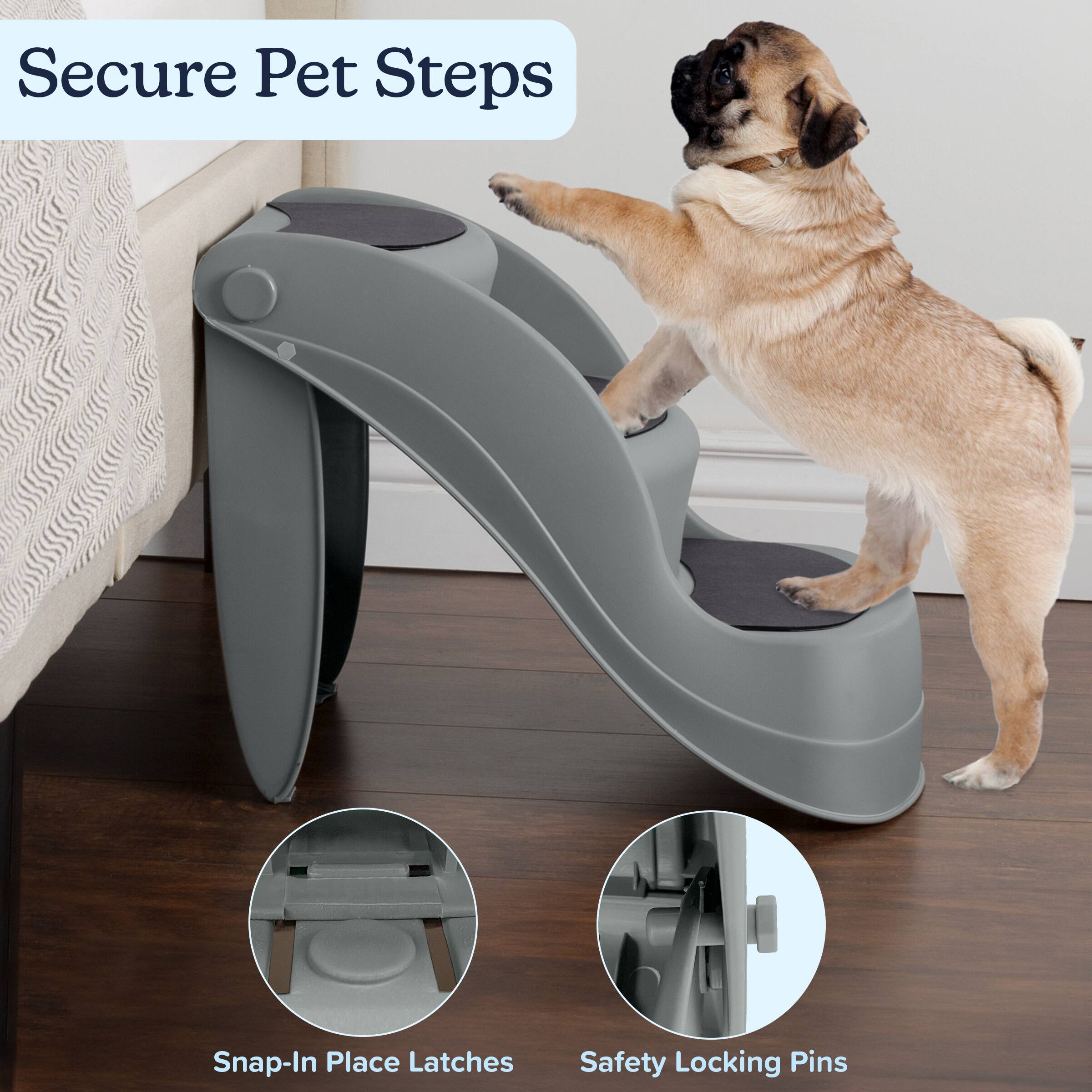 Secure Pet Steps

Snap-In Place Latches

Safety Locking Pins