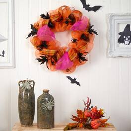 BreeBe - 26" Halloween Spider Mesh Wreath - Green