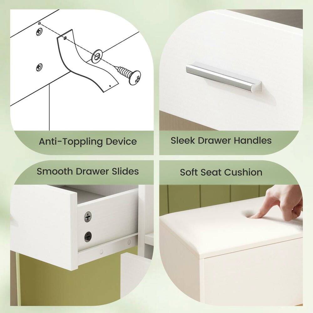 Anti-Toppling Device  
Sleek Drawer Handles  
Smooth Drawer Slides  
Soft Seat Cushion